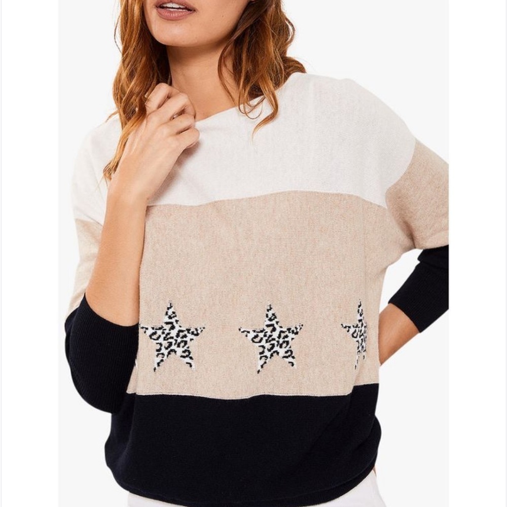Mint Velvet camel color blocked crewneck leopard star Sweater 54199